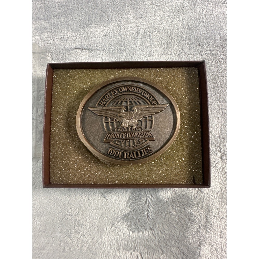 Harley Davidson HOG 1991 Rallies Belt Buckle Vintage Bronze Eagle Logo With Box